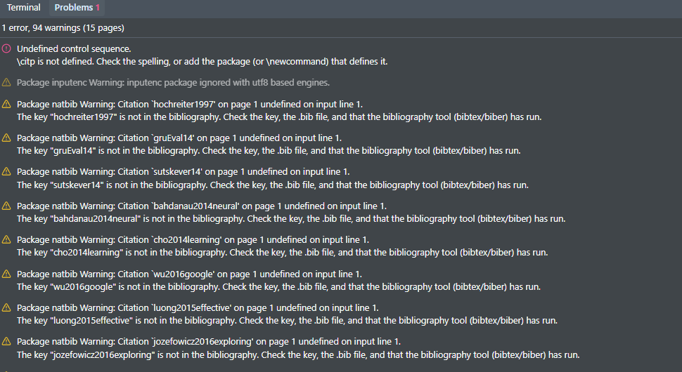 Problems panel showing a compile error with a plain-language explanation, followed by warnings