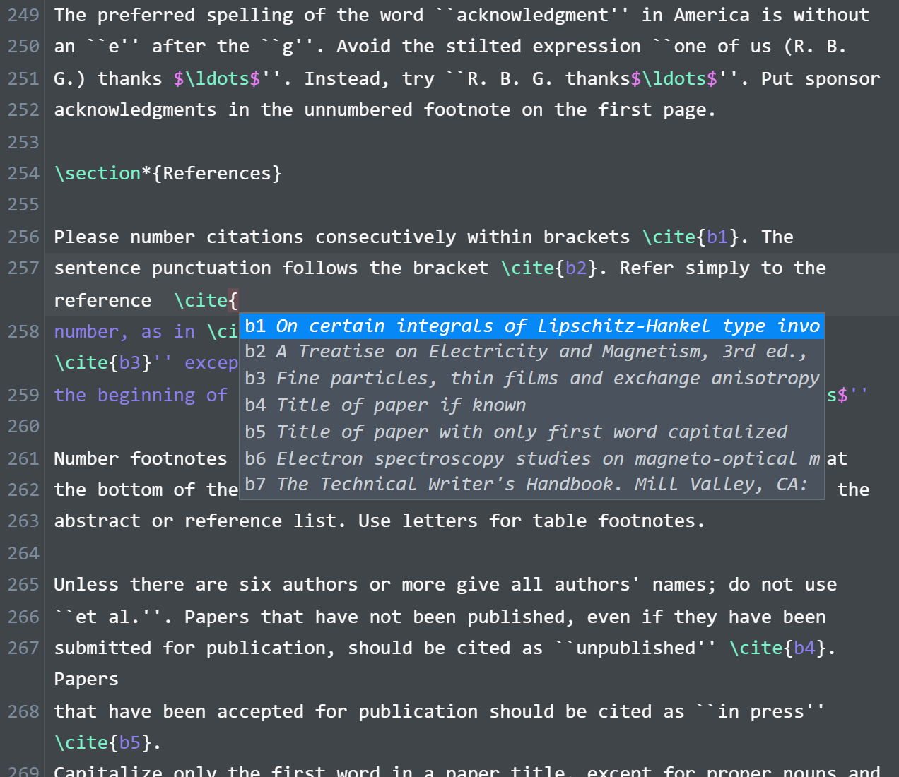 Source editor completing \cite with bibliography keys and titles